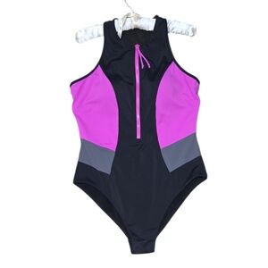 Swimsuits For All Black and Pink Colorblock Zipper Front UPF 50 Swimsuit sz 18